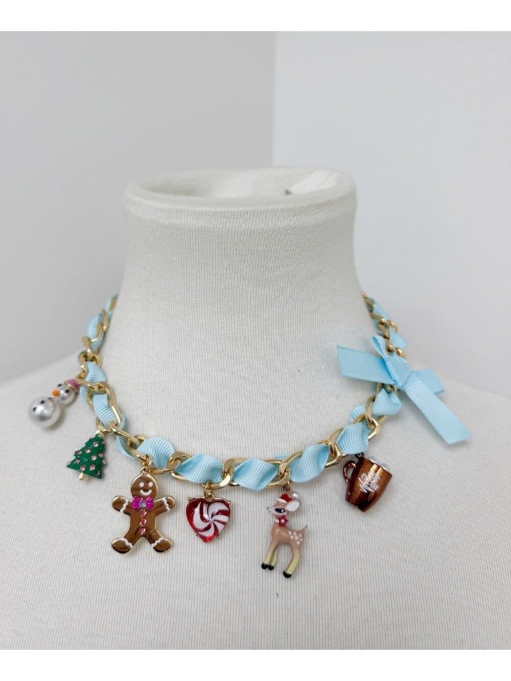 NWT BETSEY JOHNSON Gold Chain Blue Ribbon Christmas Charm Necklace Coquette Cute